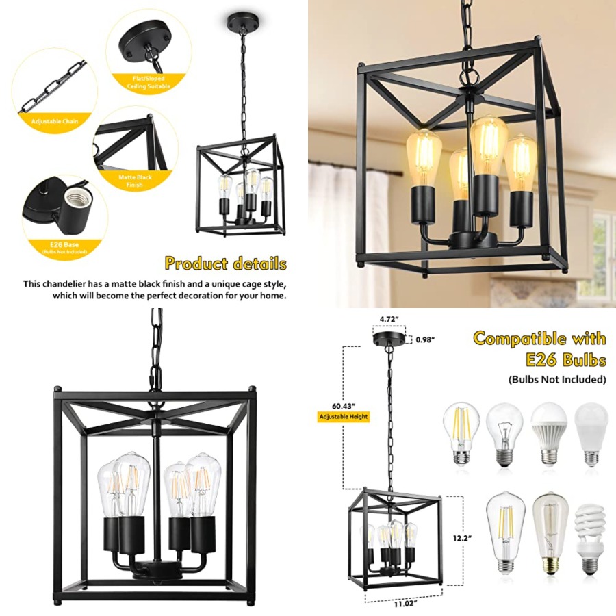 Solar Lantern Hanging - 4-flammiger schwarzer Farmhouse-Kronleuchter, rustikale Eisen-Laternen-Pendelleuchte mit