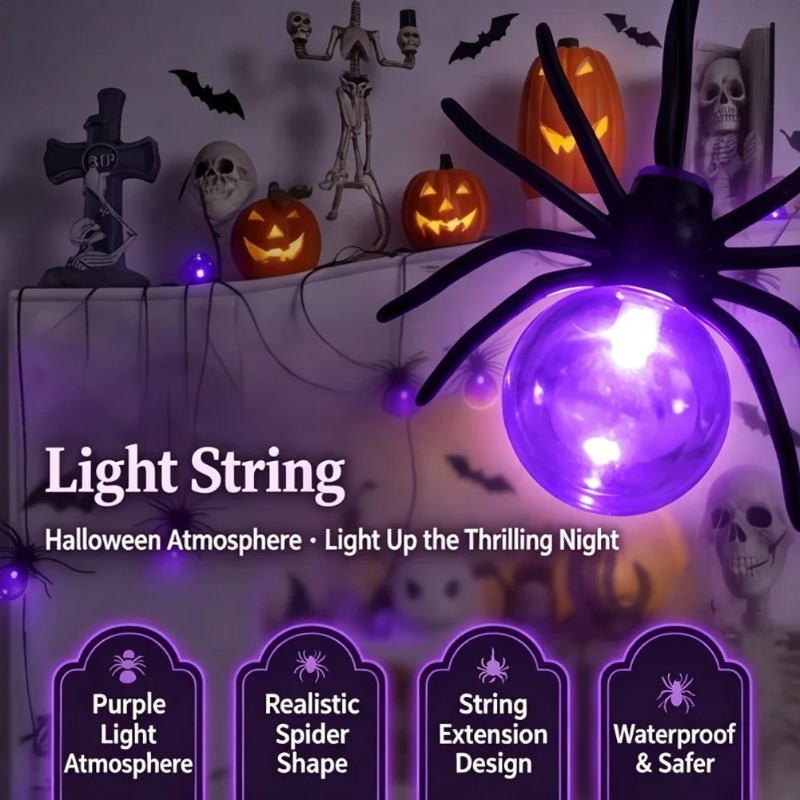 Outdoor Lighting Battery Powered - Batteriebetriebene Spinnen-LED-Lichterkette, Halloween-Außendekoration für Garten und