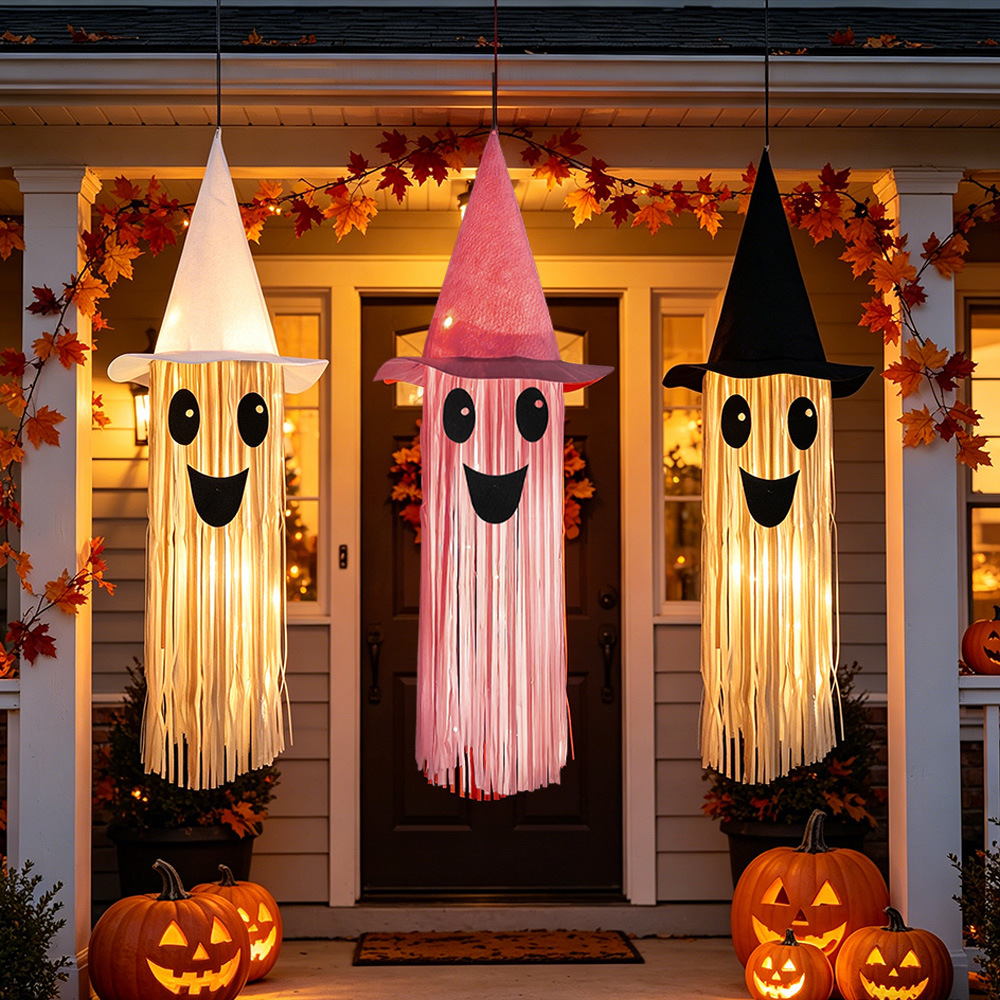 Outdoor Lighting Pendant - Halloween Leuchtender Hexenhut Geisterquaste Hängedekoration, LED-Licht